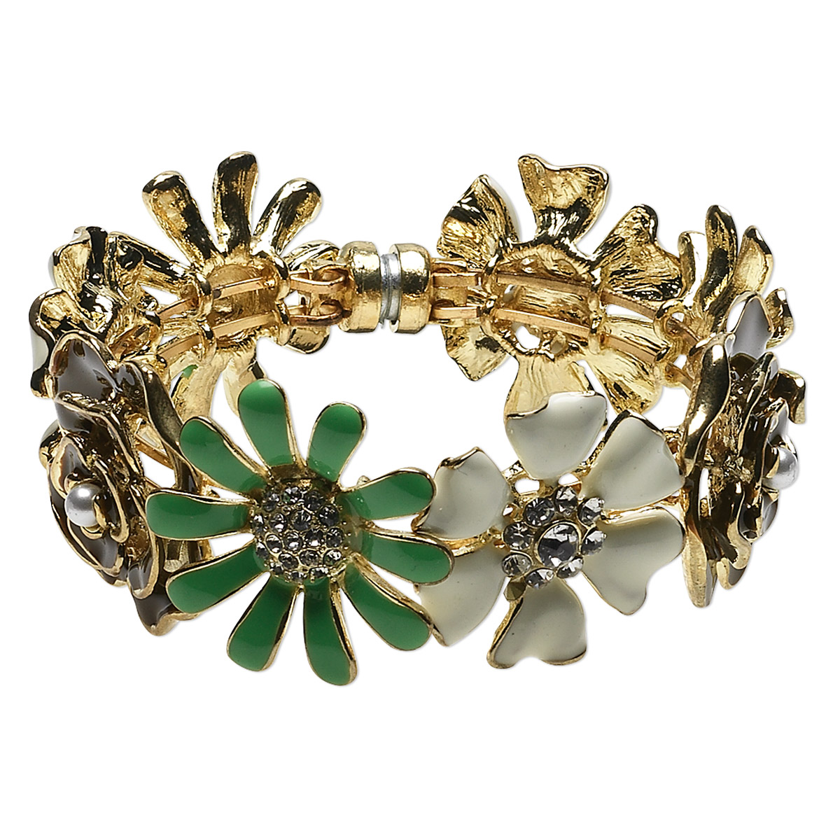Bracelet, bangle, enamel / glass rhinestone / acrylic pearl / gold ...