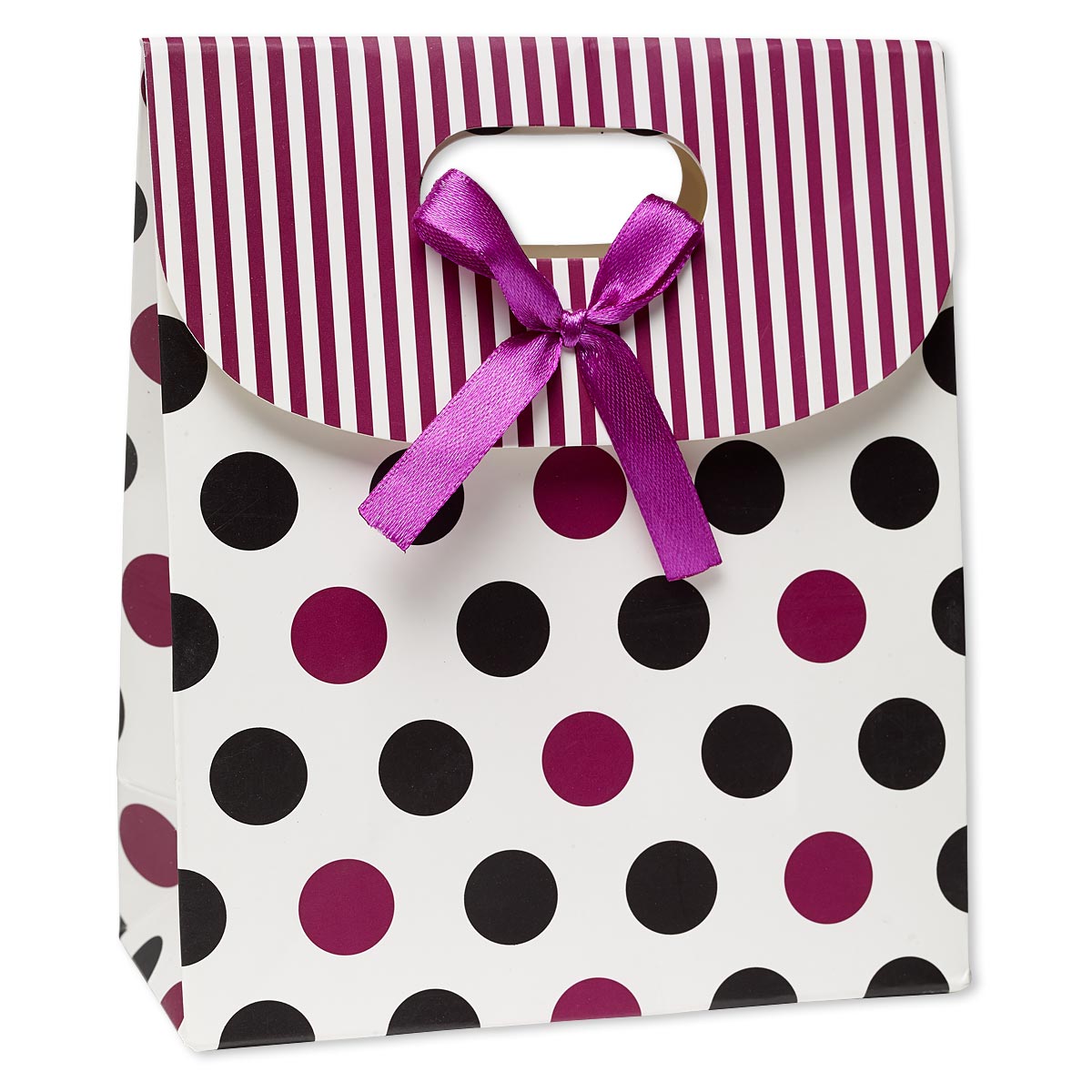 Gift bag, paper, white / black / purple, 6 x 5 x 2-1/2 inches assembled ...