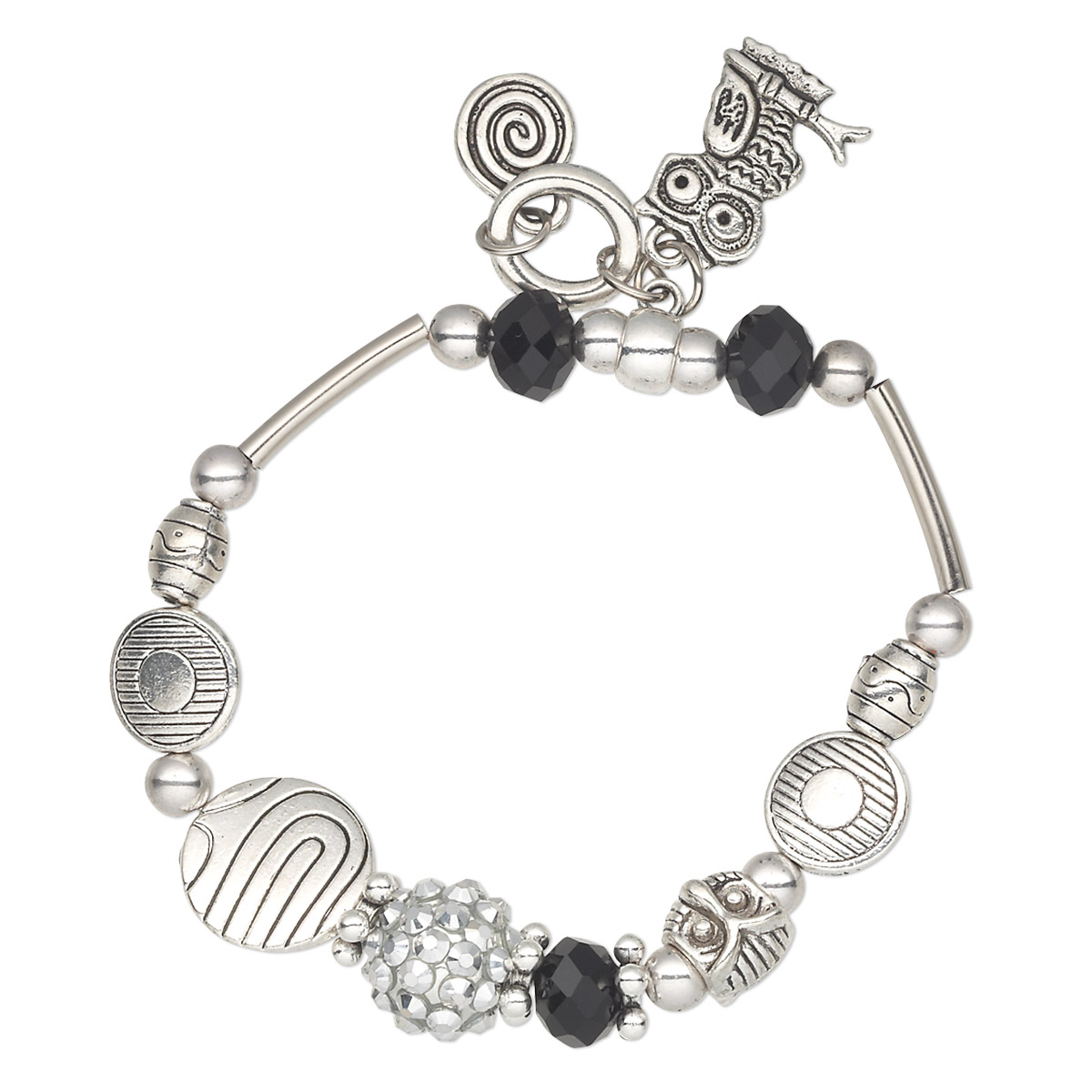 Bracelet, stretch, glass and antique silver-plated 