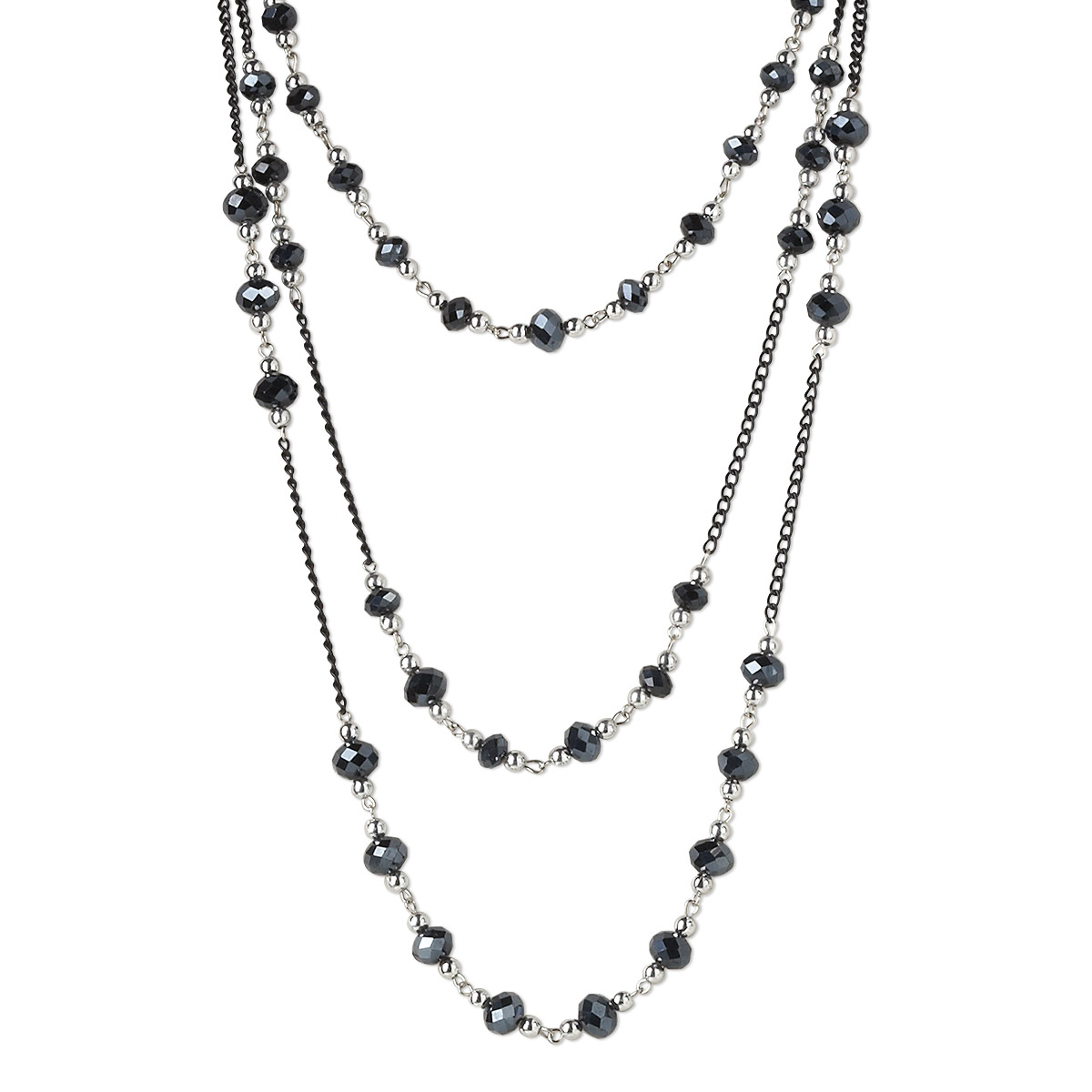 Necklace, 3-strand, steel / glass / silver-colored plastic, metallic ...