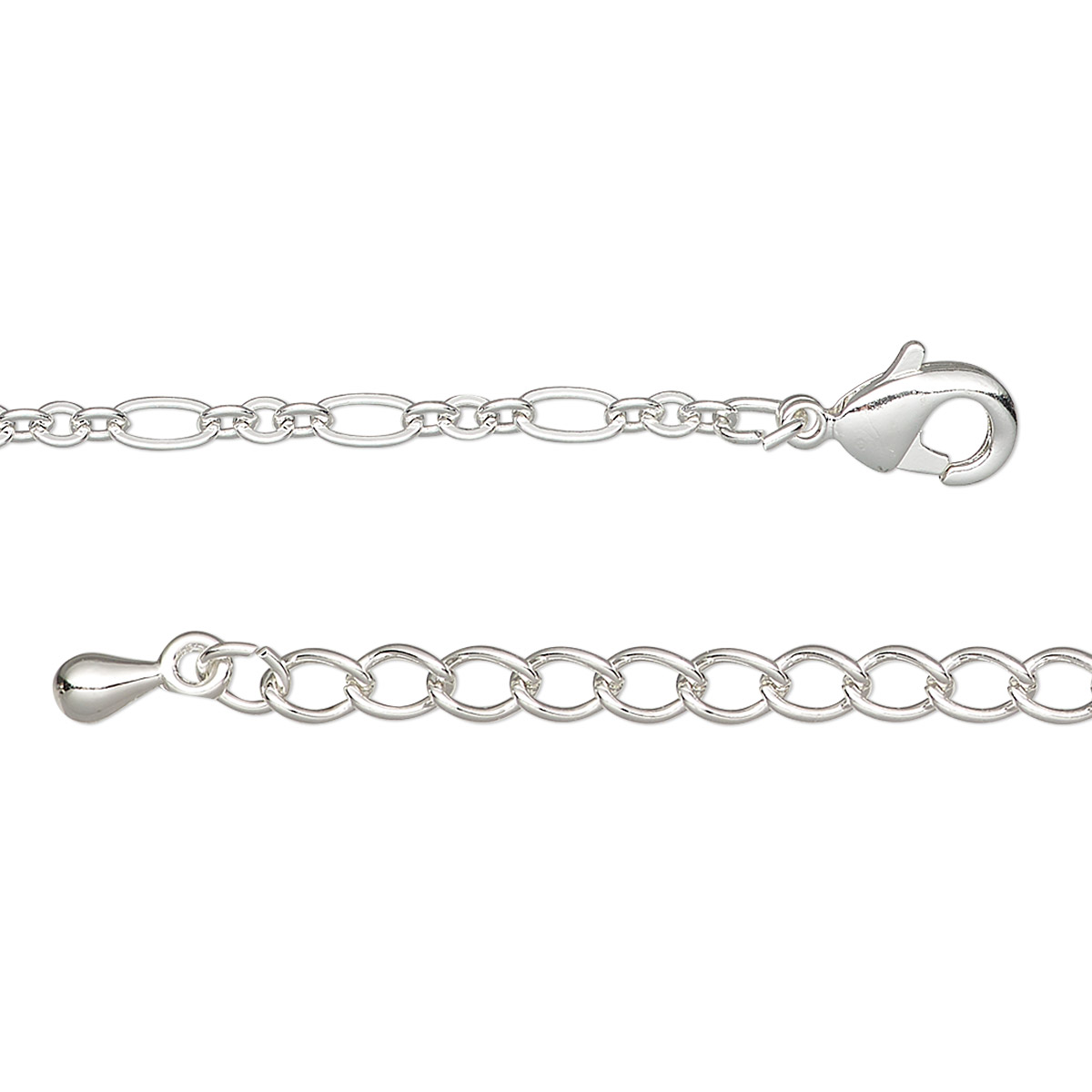 Chain, silver-plated steel and brass, 2.5mm figaro, 18 inches with 2 ...