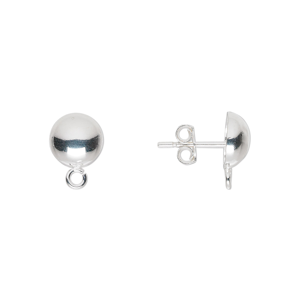Earstud, sterling silver, 8mm half ball with open loop. Sold per pkg of ...