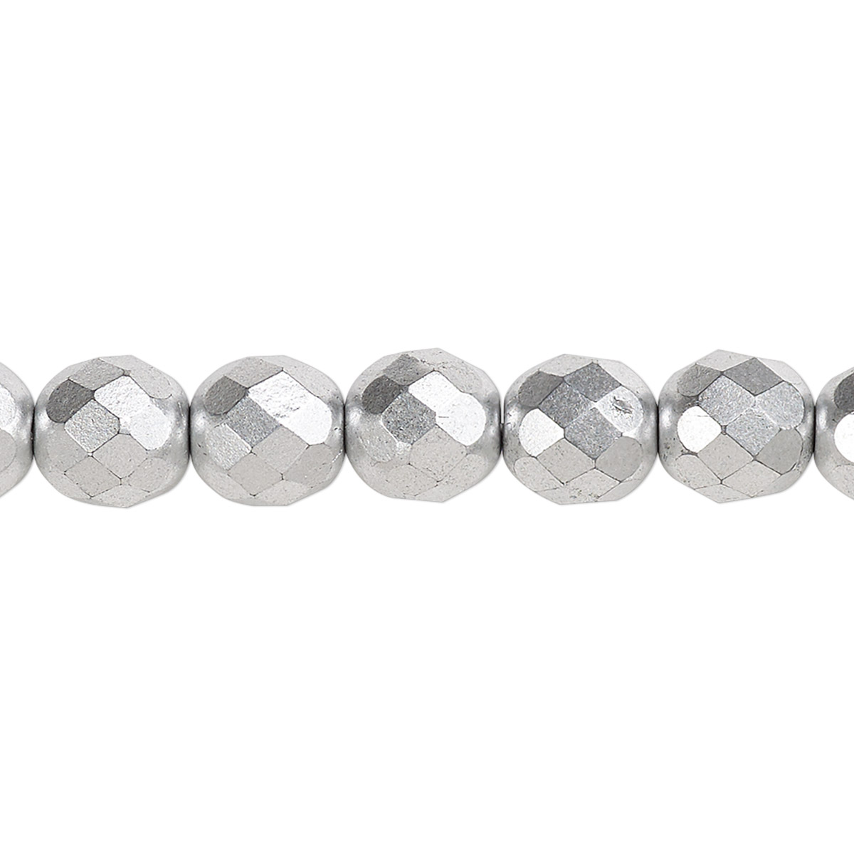 Bead, Czech fire-polished glass, opaque satin silver, 8mm faceted round ...