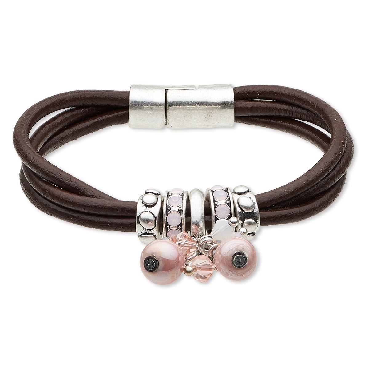 Bracelet, 3-strand, leather (dyed) / glass rhinestone / antiqued silver ...