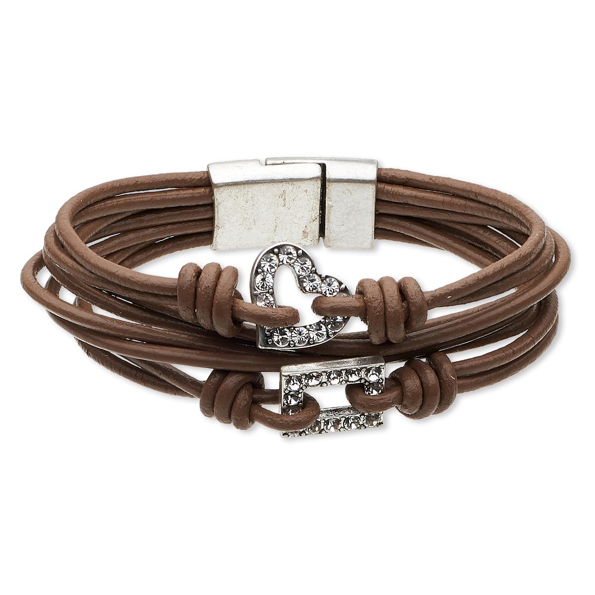 Bracelet, 8-strand, Crystal Passions® / leather (dyed) / antique silver ...