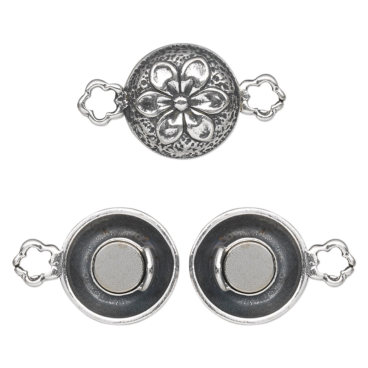 Clasp, magnetic, antiqued sterling silver, 14mm double-sided puffed ...