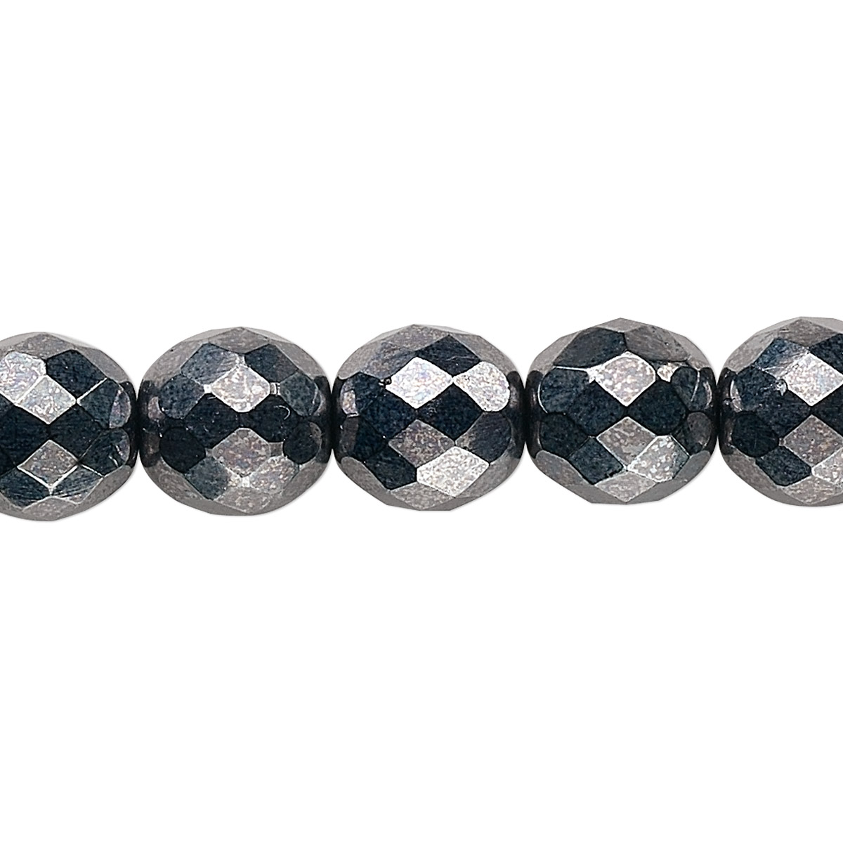 Bead, Czech fire-polished glass, opaque hematite, 10mm faceted round ...