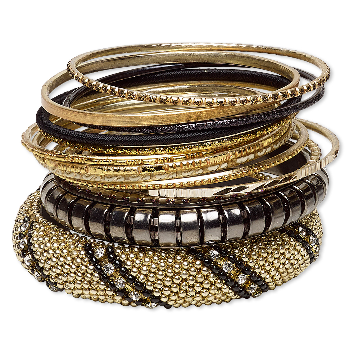 Bracelet, bangle, resin / glass rhinestone / polyester / gold-finished ...