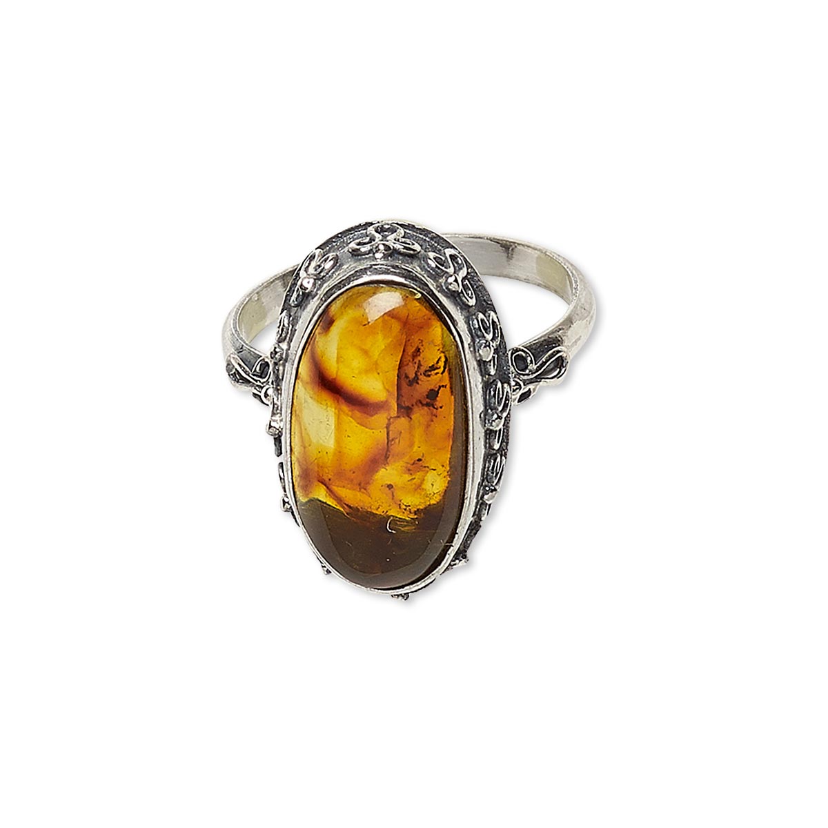 Ring, amber (assembled) and antiqued sterling silver, 17x10mm oval ...