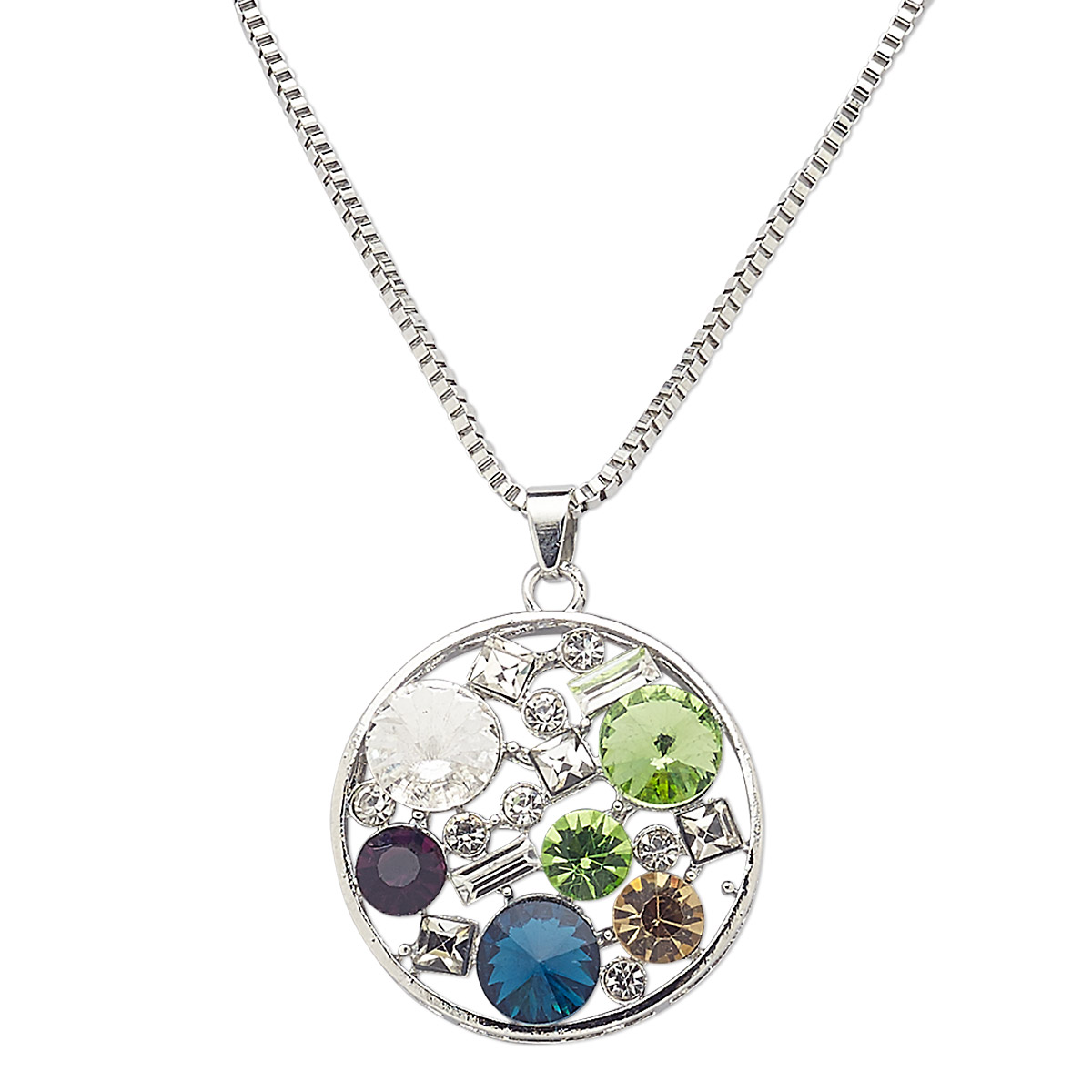 Necklace, glass rhinestone with silver-plated steel and 