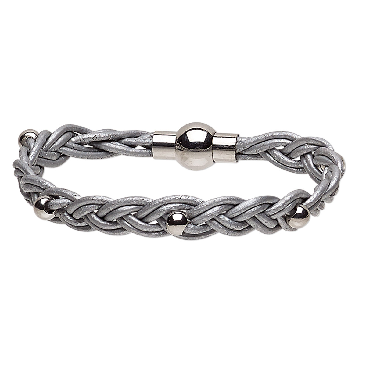 Bracelet, leather (dyed) and stainless steel, silver, 11mm wide braided ...