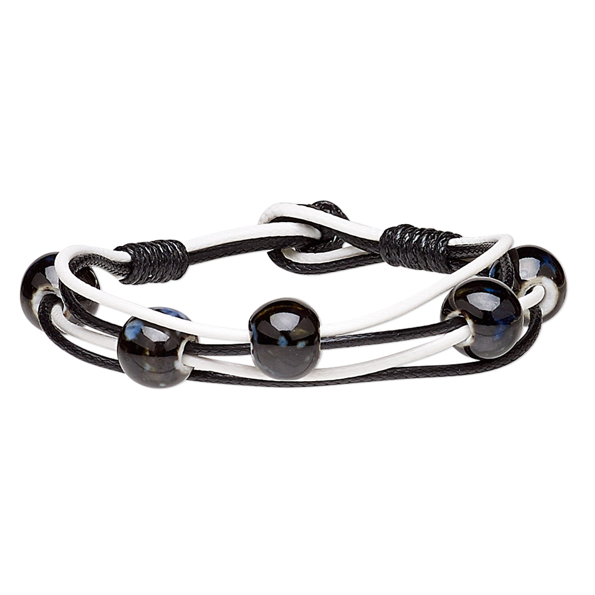 Bracelet, porcelain and waxed cotton cord, black / white / blue, 13mm ...
