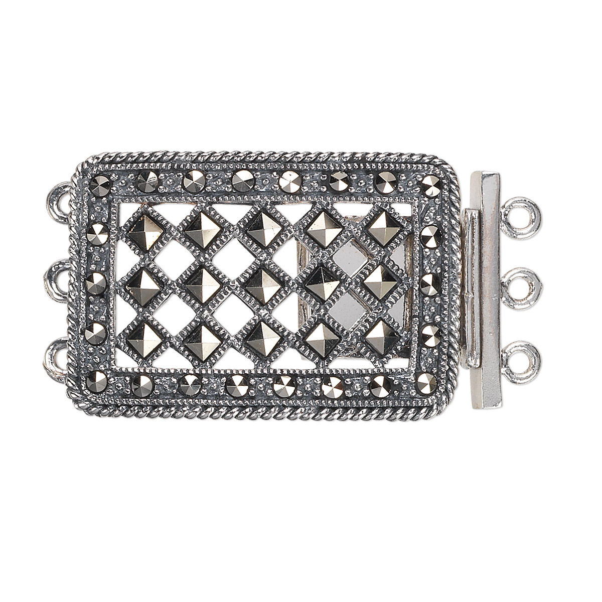 Clasp, 3-strand tab, Signity® marcasite (natural) and antiqued sterling ...