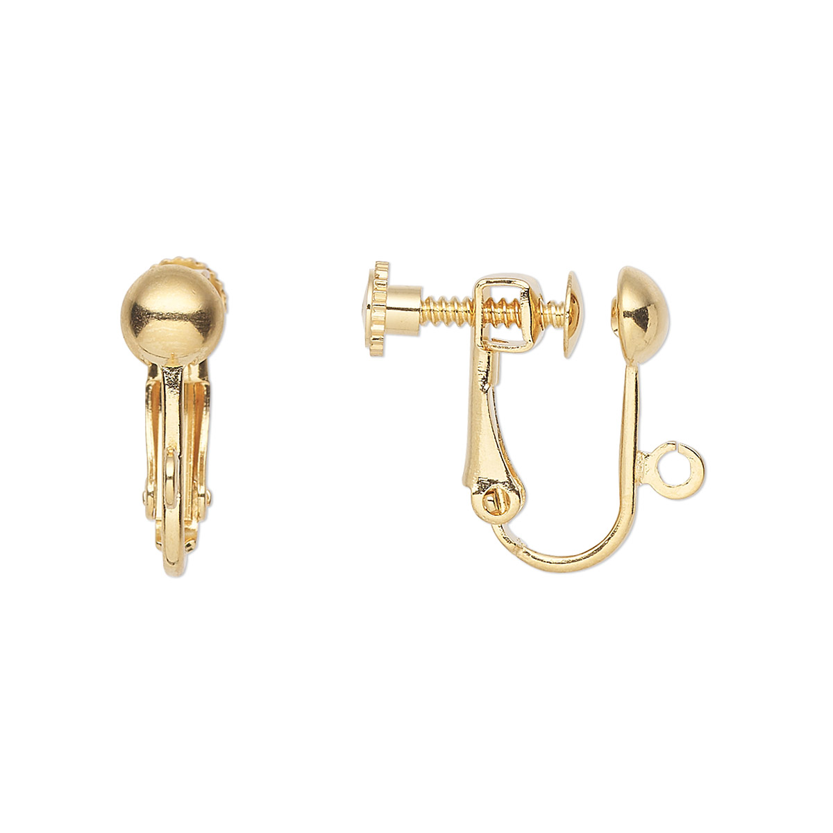 Earring, clip-on, gold-plated brass, 15mm hinged screwback with 5mm ...