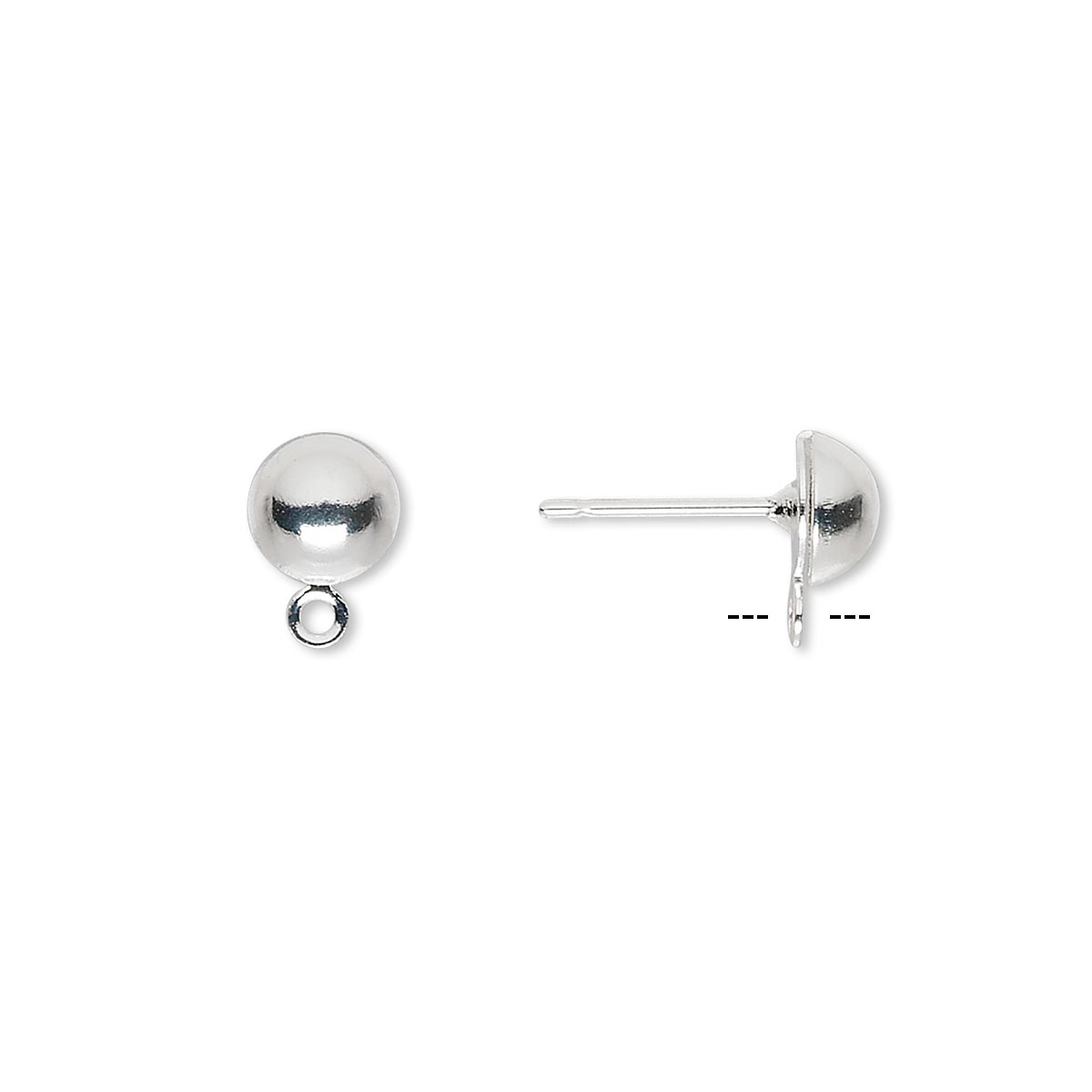 Earstud, silver-plated brass and stainless steel, 6mm half ball with ...