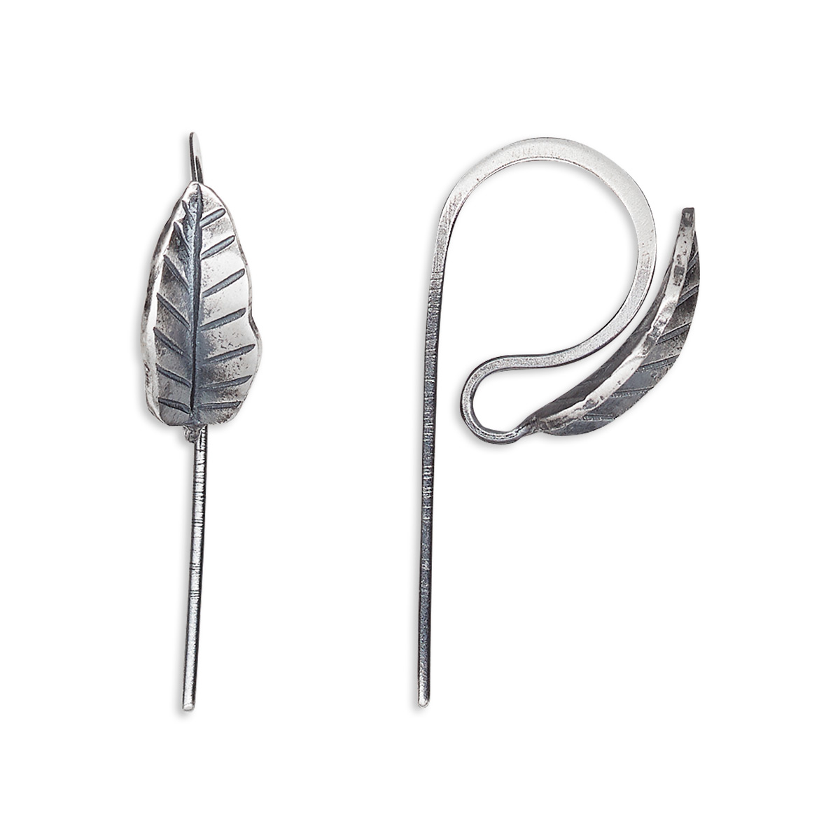 Ear wire, Hill Tribes, antiqued fine silver, 16mm with leaf and open ...