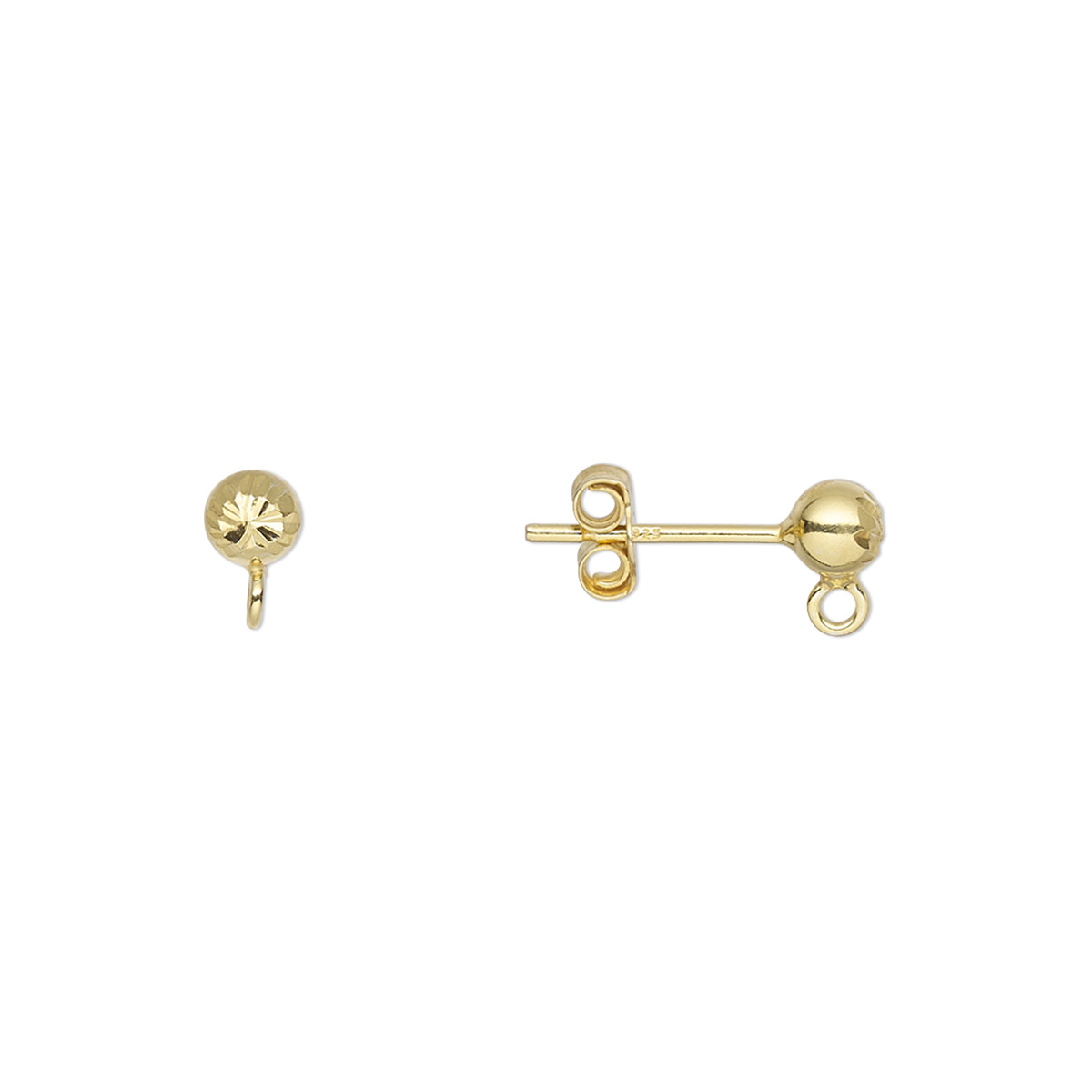 Earstud, gold-finished sterling silver, 4mm diamond-cut ball with loop ...