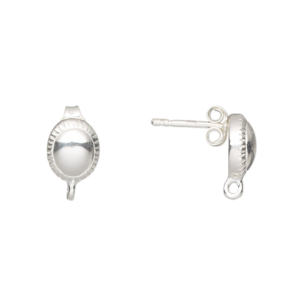 Earstud, sterling silver, 10x8mm oval with corrugated rim and closed ...
