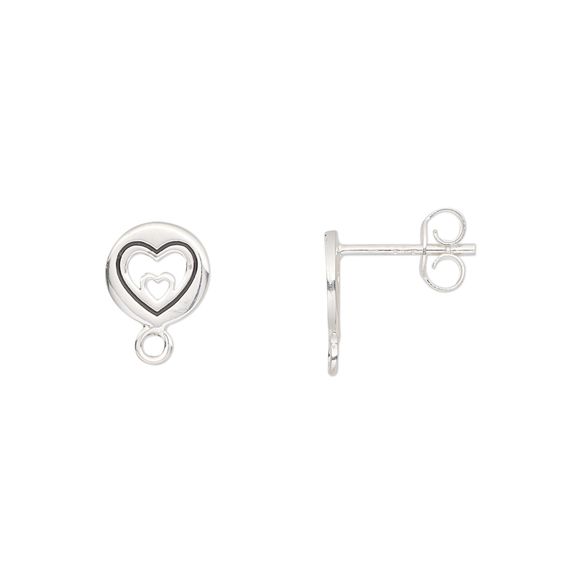 Earstud, enamel and sterling silver, black, 8mm round with cutout heart ...