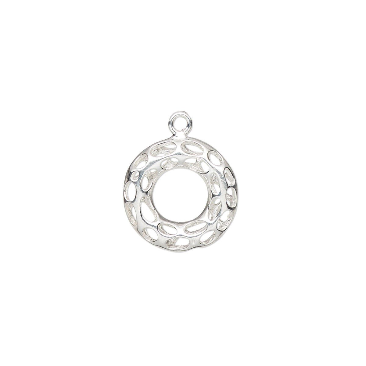 Drop, sterling silver, 14mm double-sided hollow filigree donut. Sold ...