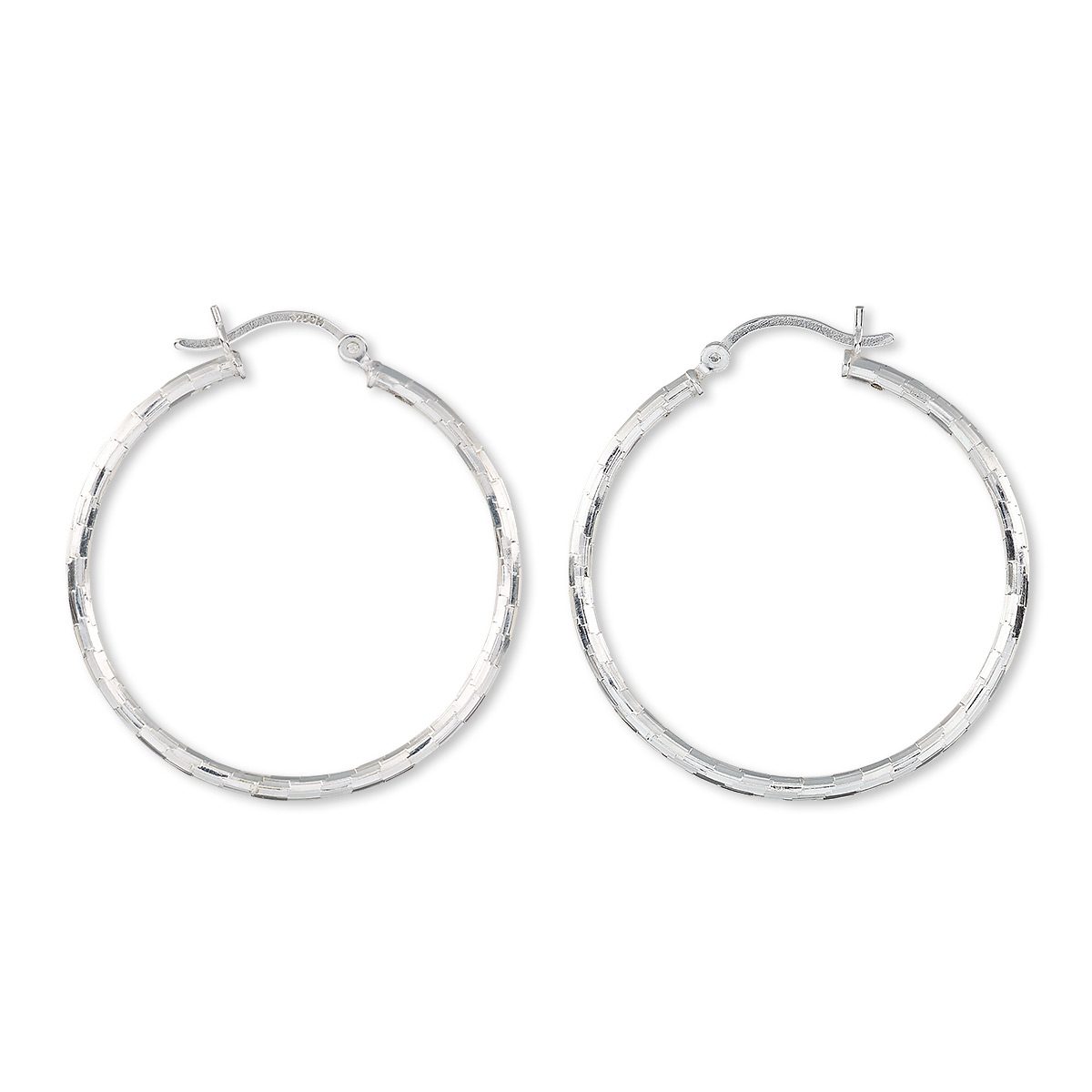 Earring, sterling silver, 35mm textured round hoop with latch-back ...